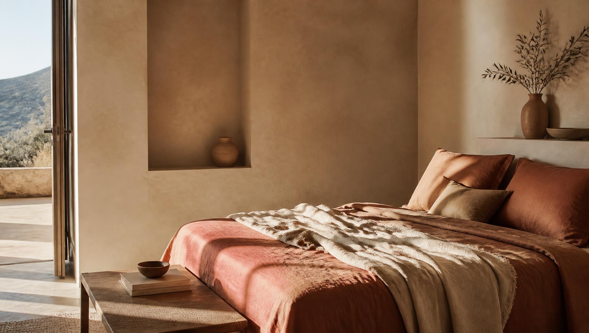 Sunlit bedroom with warm linen bedding